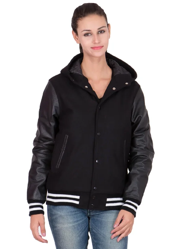 Womens Black Hood Varsity Jacket With Leather Sleeves Fleece Jacket Down Jacket Parka