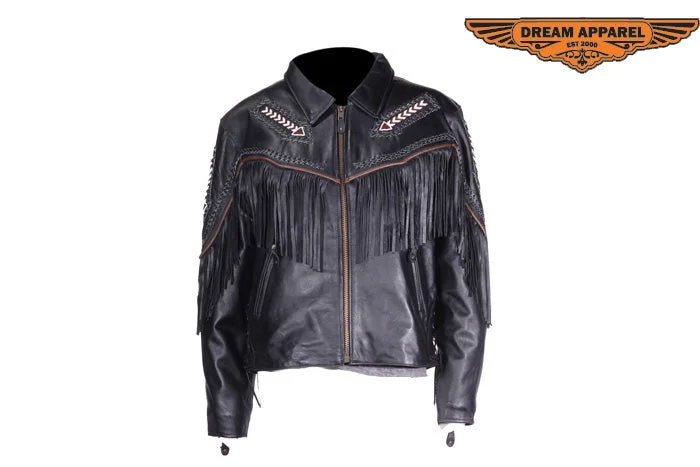 Womens Leather Jacket With Braid & Fringe Zippered Jacket Buttoned Jacket Snapped Jacket