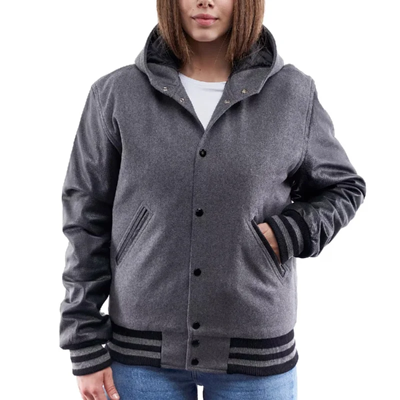 Womens Light Oxford Wool Body & Black Sleeves Hoodie Letterman Jacket Collared Jacket Crew Neck Jacket Turtle Neck Jacket