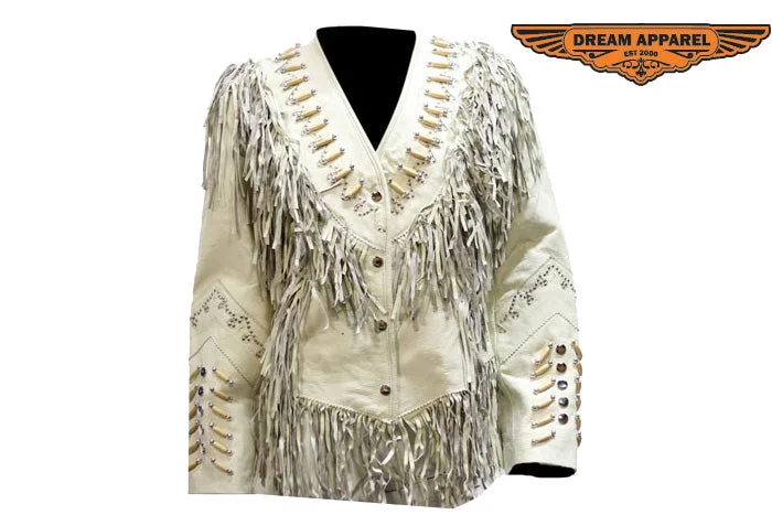 Womens Off White Leather Jacket With Beads, Studs, Bone & Fringe With Snaps Nylon Fabric Polyester Fabric Spandex Fabric