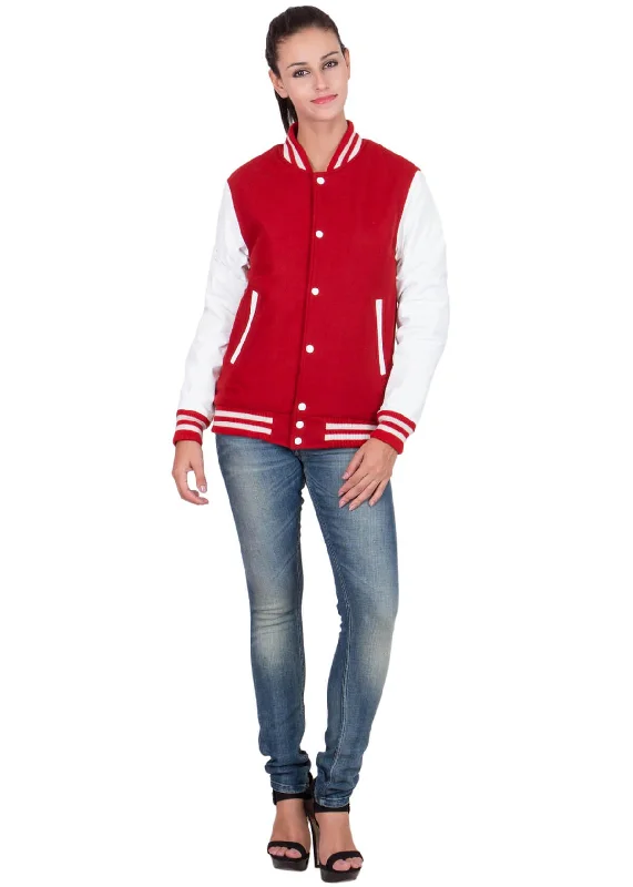 Womens Scarlet Red Varsity Jacket with White Leather Sleeves Zippered Jacket Buttoned Jacket Snapped Jacket