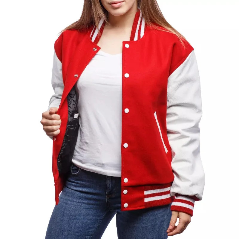 Womens Scarlet Wool Body & Bright White Leather Sleeves Letterman Jacket Knit Fabric Woven Fabric Fleece Fabric