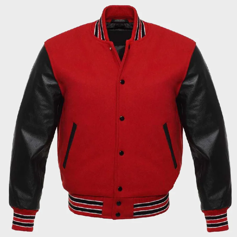 Womens Varsity Jacket Red Denim Fabric Leather Fabric Suede Fabric