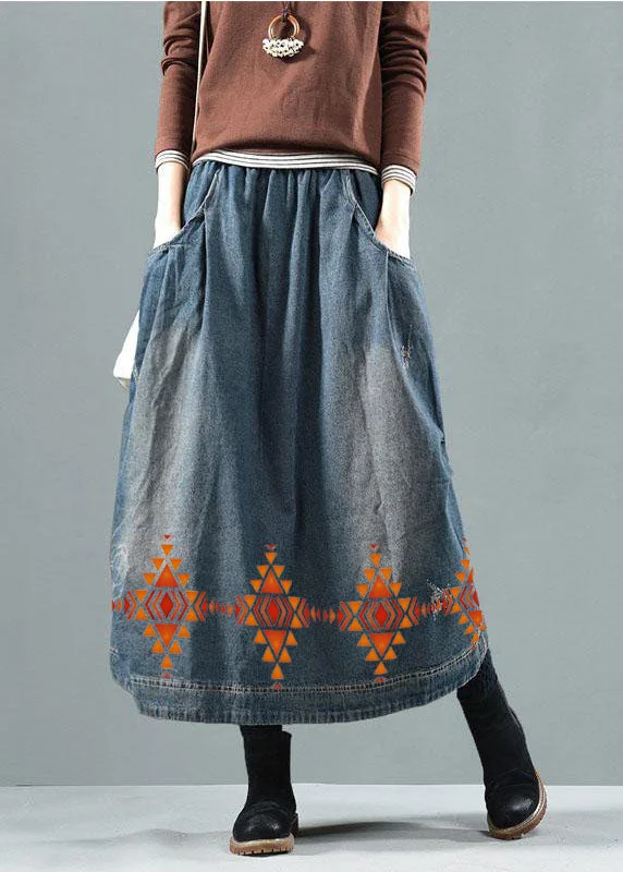 Blue-Diamond Pockets Retro Patchwork Summer Skirts Denim wool skirt thick