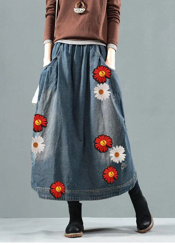 Blue-red flower Pockets Retro Patchwork Summer Skirts Denim summer skirt style