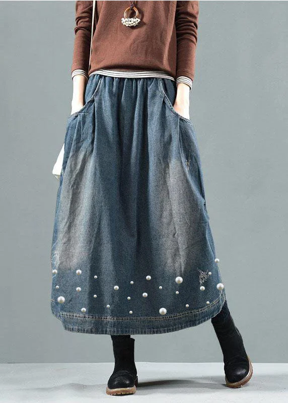 Blue-Pearl Pockets Retro Patchwork Summer Skirts Denim wool skirt warm