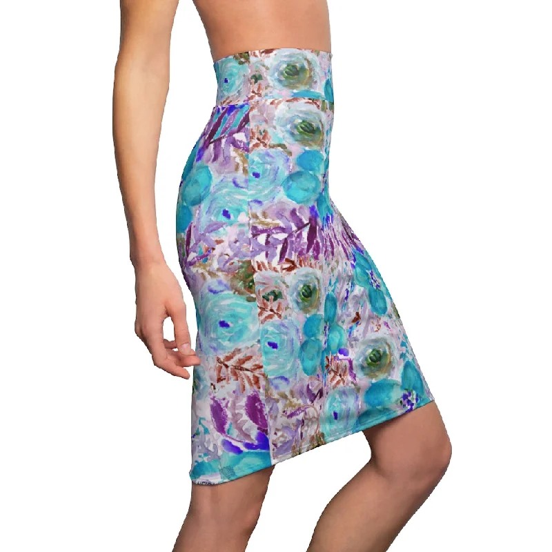 Blue Purple Floral Women's Skirt, Best Flower Print Girlie Best Designer Pencil Skirt-Made in USA lace skirt romantic