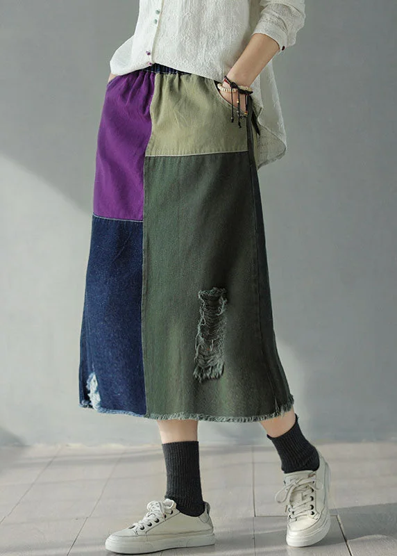 Bohemian Colorblock Elastic Waist Pockets Patchwork Hole Cotton Denim Skirts Fall asymmetrical skirt cut