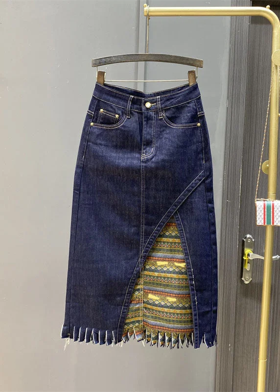 Boutique Navy Asymmetrical Print Patchwork Tassel Denim Skirts wool skirt warm