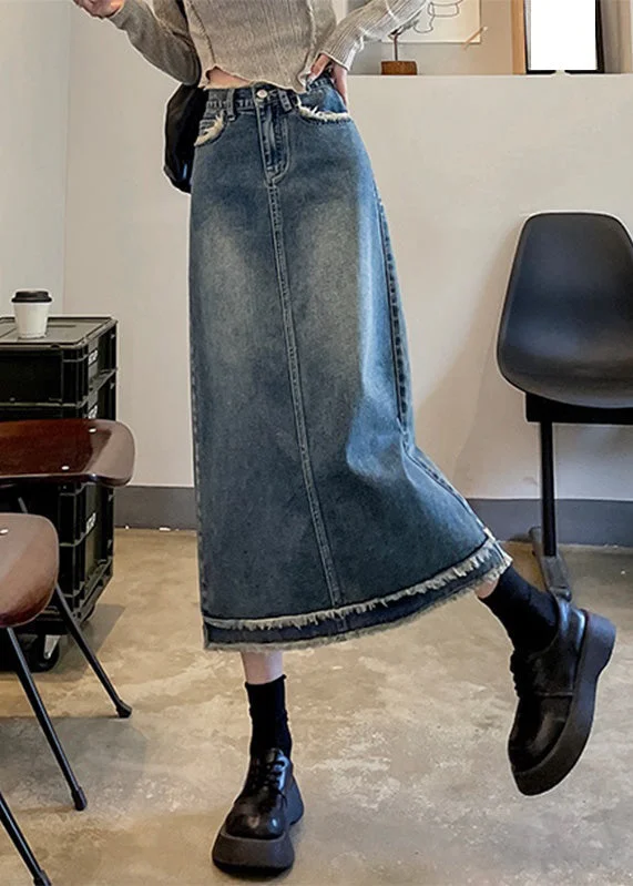 Casual Blue Patchwork High Waist Button Denim A Line Skirts ruffled skirt detail