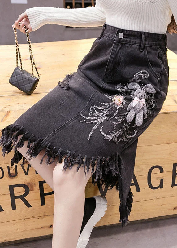 Classy Black Asymmetrical Design Embroideried Tassel Denim Skirts Spring corduroy skirt comfortable