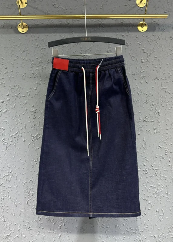 Classy Navy Blue Drawstring Patchwork Denim Skirts Fall velvet skirt sumptuous