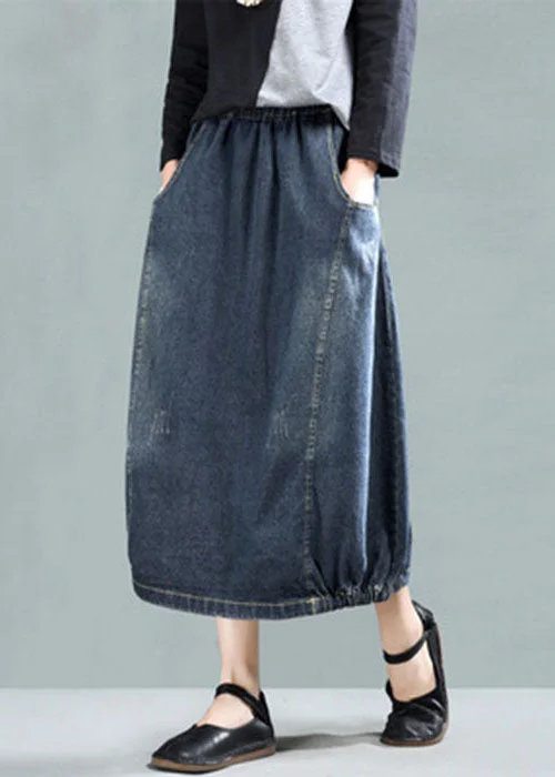 Dark Blue Patchwork Denim A Line Skirt Wrinkled Spring chiffon skirt floaty