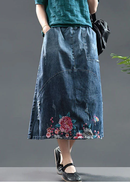 Diy Blue High Waist Embroideried Patchwork Cotton Denim Skirts Summer denim skirt classic