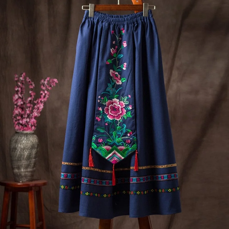 Embroidery Elastic Floral Midi Skirt wool skirt thick