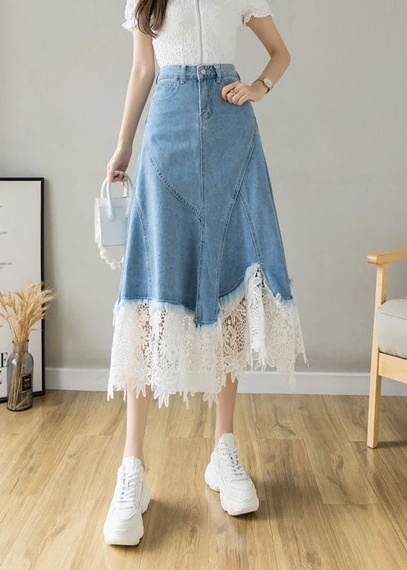 Fashion Light Blue Asymmetrical Design Lace Patchwork Denim Skirt Spring cotton skirt soft