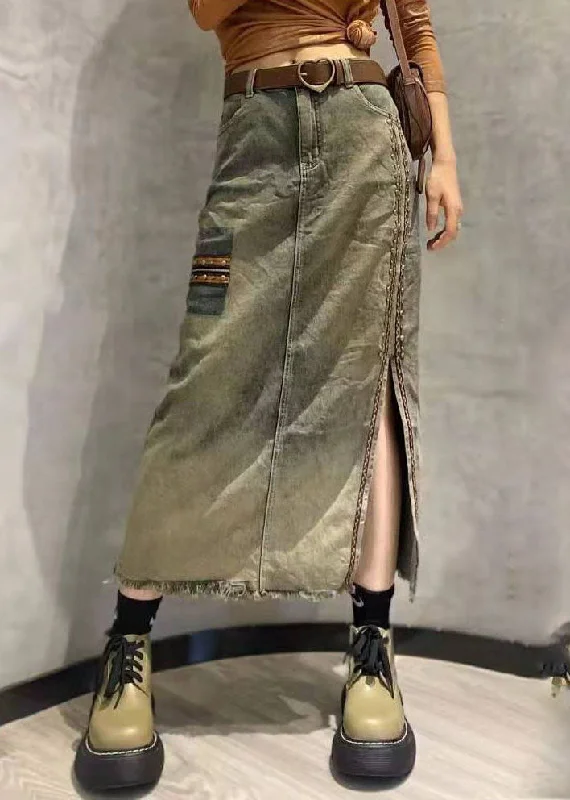 Fashion Photo Color Side Open Patchwork Tasseled Denim Skirt Summer wool skirt sturdy