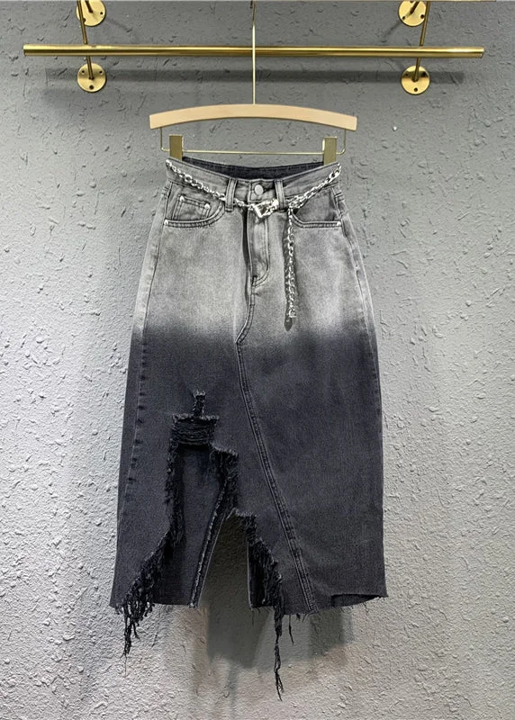 Fitted Black Grey Gradient Asymmetrical Pockets Patchwork Denim Skirts Fall wool skirt thick