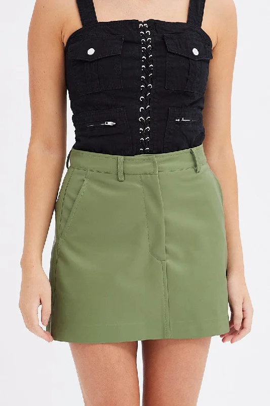 Green Mini Skirt High Rise Pocket Detail Faux Leather mini skirt trendy