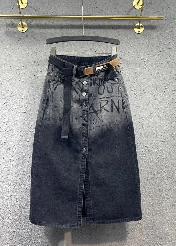 Italian Black Graphic Pockets Front Open Patchwork Denim Skirts Fall wrap skirt elegant