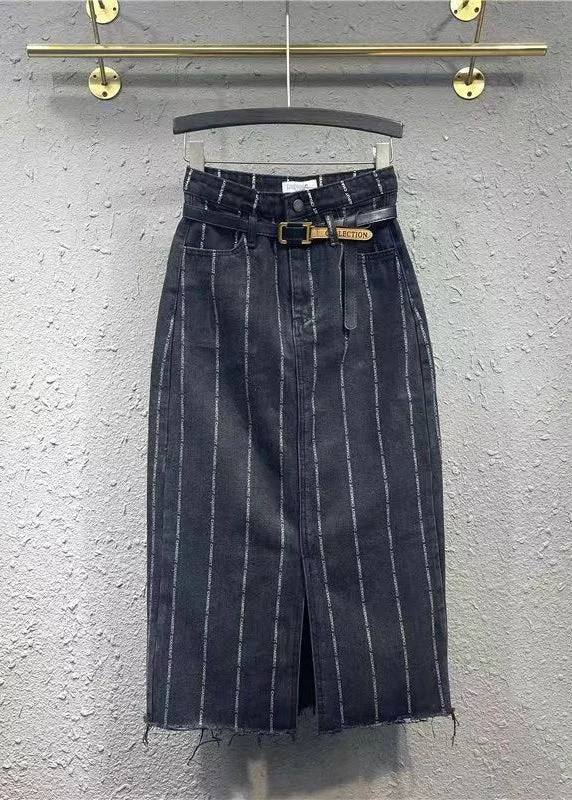 Italian Black Striped Front Open Pockets Patchwork Denim Skirt Fall velvet skirt rich