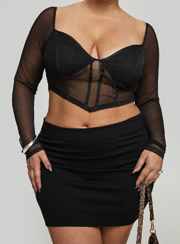 Karley Low Waist Mini Skirt Black Curve chiffon skirt flowing