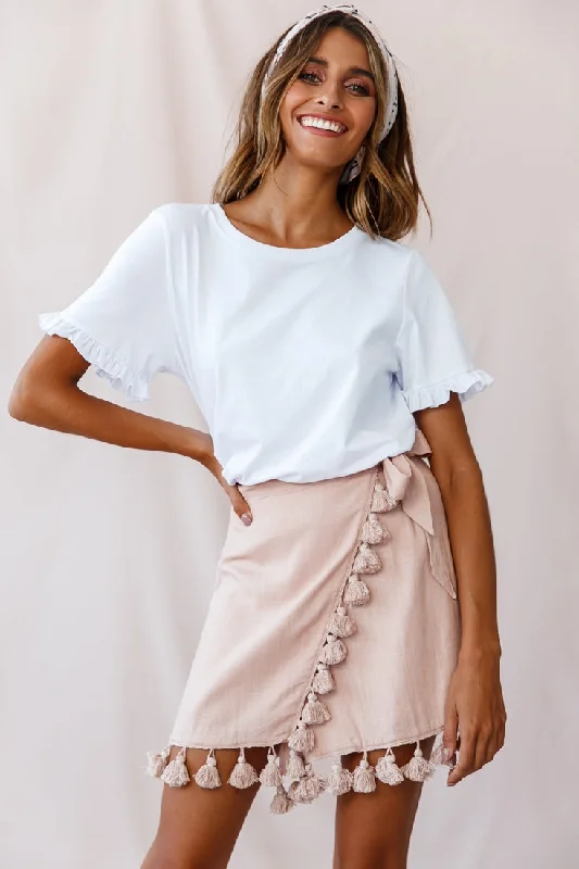 Kris Tassel Trimmed Wrap Skirt Mocha tiered skirt playful