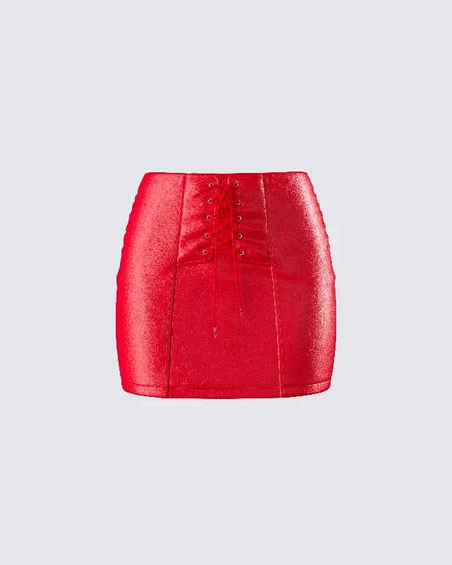 Lasita Red Vegan Leather Mini Skirt lace skirt elegant