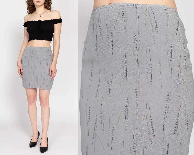 Medium 90s Grey Silk Falling Vine Print Mini Skirt 27.5" denim skirt stylish