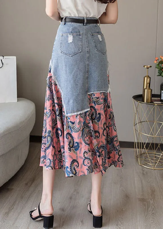 Modern Colorblock Asymmetrical Denim Patchwork Chiffon Skirts Spring leather skirt sleek