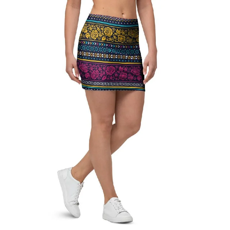 Multicolor Rose Floral Abstract Tribal Aztec Mini Skirt lightweight skirt design
