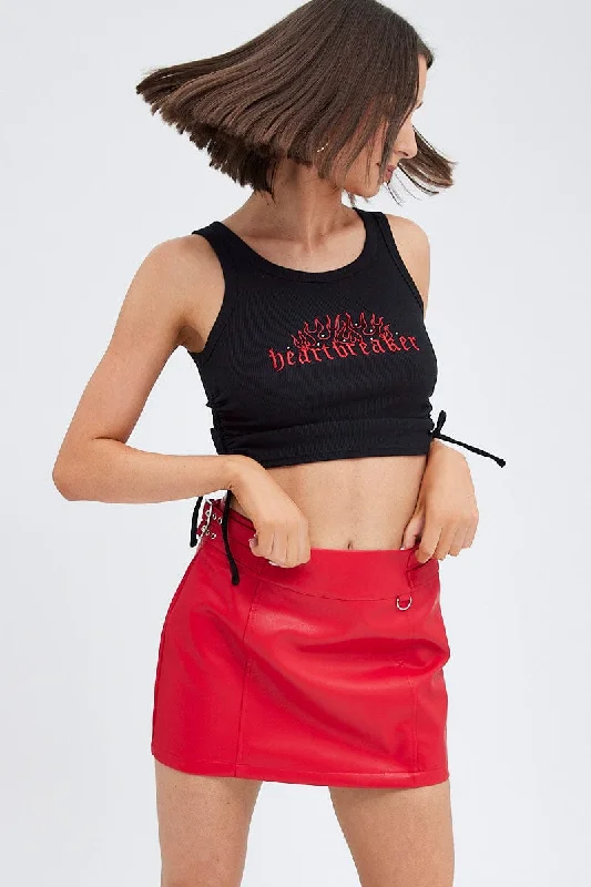 Red Faux Leather Skirt Mid Rise Mini Buckle Detail corduroy skirt durable