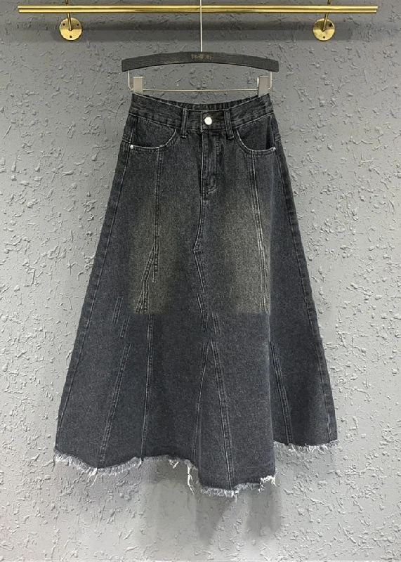 Retro Black Pockets Patchwork Button Denim Maxi Skirt high waist skirt