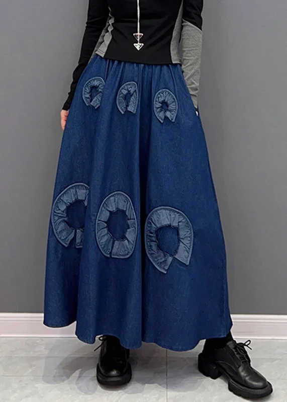 Retro Blue Print Elastic Waist Denim Skirts Spring wool skirt sturdy