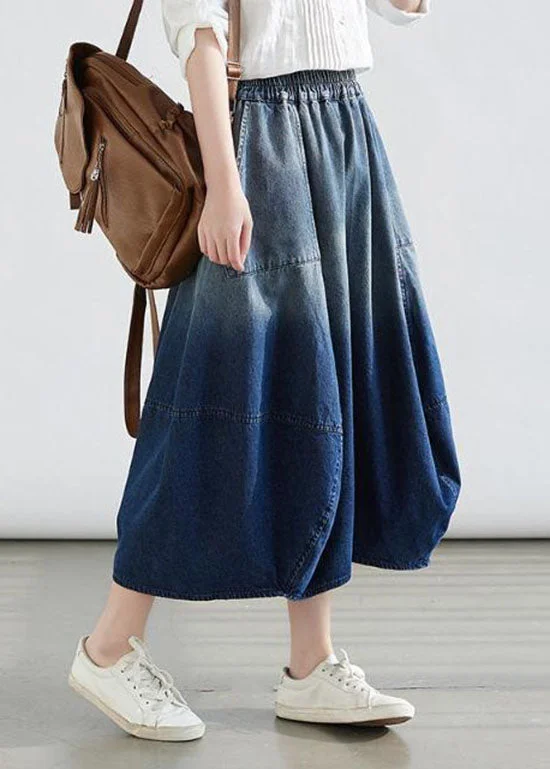 Simple Blue Wrinkled Pockets Gradient Color Denim Skirts Summer velvet skirt luxury