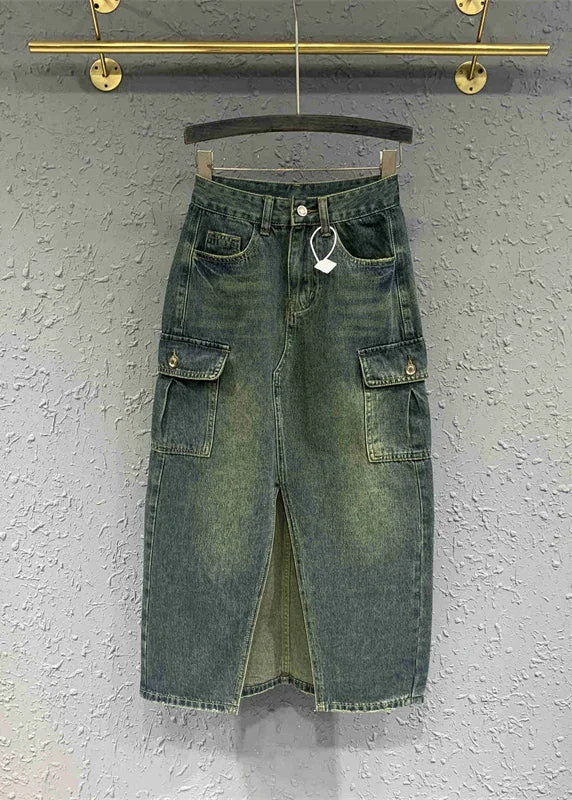 Style Blue Front Open Pockets Patchwork Denim Skirts Fall corduroy skirt cozy