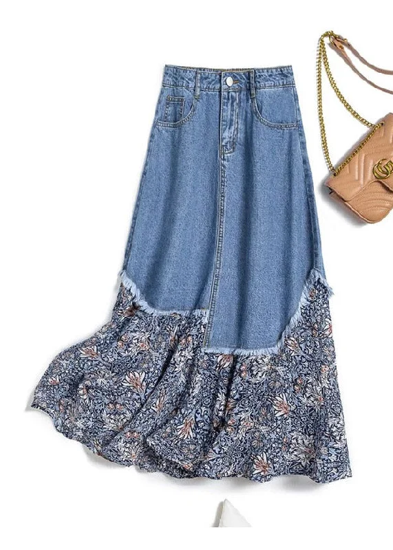 Stylish Denim Blue Asymmetrical Patchwork Print Button Pockets Maxi Skirt Summer seamless skirt comfort