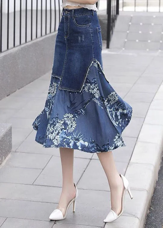 Unique Blue Asymmetrical Chiffon Patchwork Design Denim Skirt Spring button skirt front