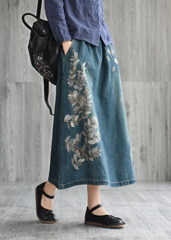 Unique Navy Patchwork Embroideried Denim Skirt Spring maxi skirt elegant