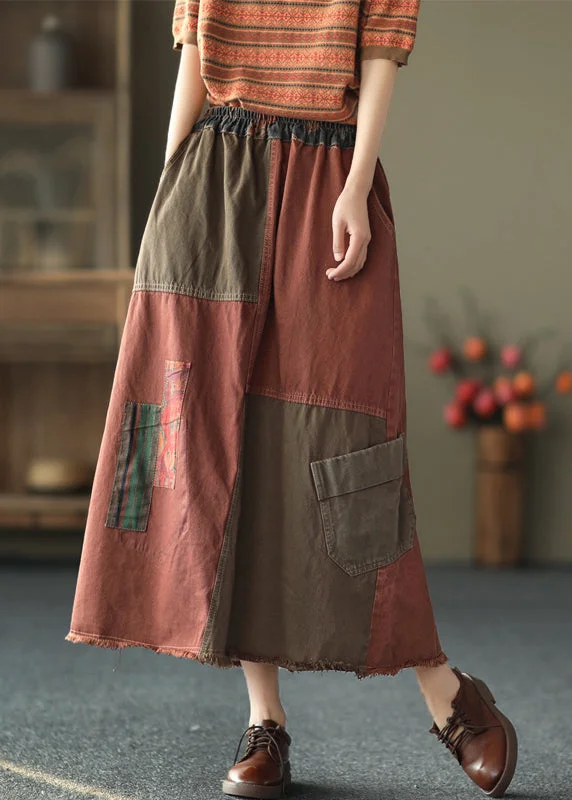 Vintage Red Patchwork Elastic Waist  Pockets Cotton Denim A Line Skirts Fall velvet skirt luxurious