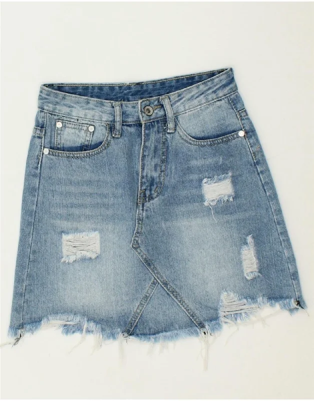 VINTAGE Womens Distressed Denim Skirt XS W24 Blue Cotton corduroy skirt durable