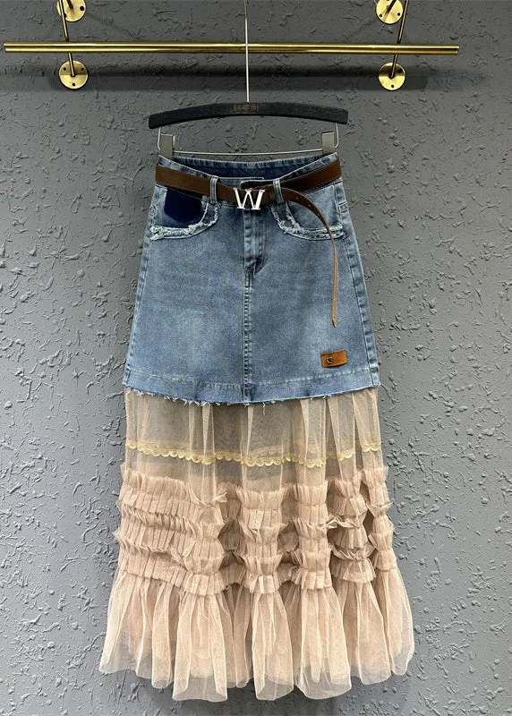 Women Colorblock Tulle Ruffled Pockets Patchwork Denim Skirt Fall high waist skirt