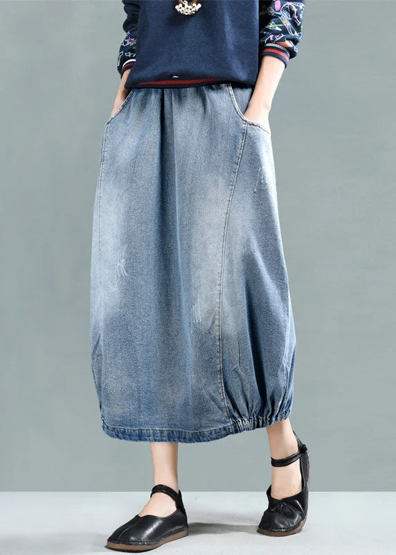 Women Light Blue Elastic Waist Patchwork Cotton Denim Skirt Spring denim skirt durable